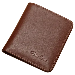 BISON DENIM Men's Vintage Leather Slim Wallet - Genuine Cowskin Business Card Holder (Coffee)
