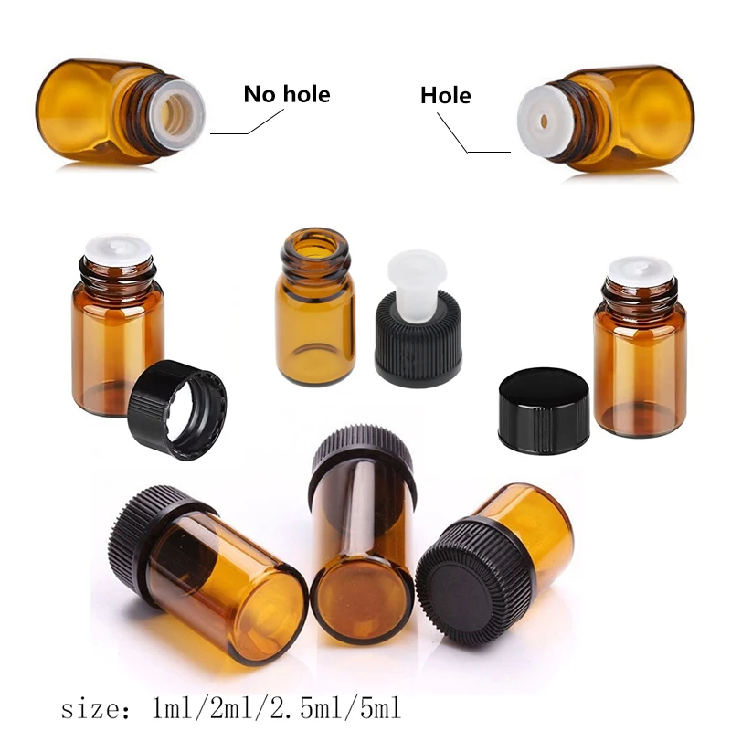 glass bottle 1ml 2ml 2.5ml 5ml Amber Glass Vials Mini Essential Oil Bottles with Orifice Reducer & Black Plastic Cap 10Pcs glass bottles refillable bottles