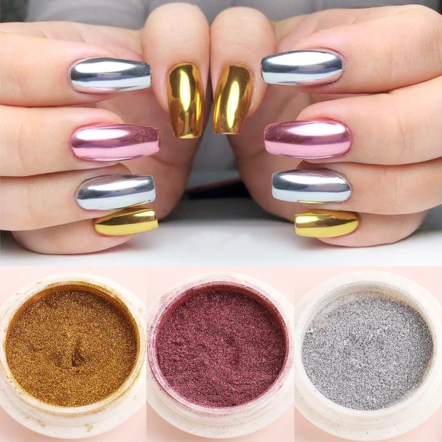 Poudre a ongle effet métallique effet miroir chromé, 3 boîtes, or argent Rose