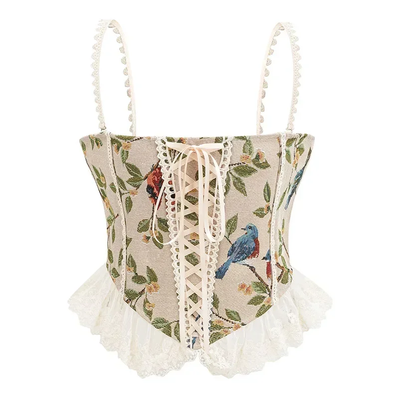 

Front Lacing Bandage Corselet Women Brocade Floral Vintage Shoulder Strap Corset Vest Tank Top With Back Zip