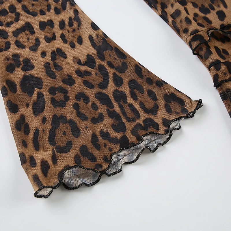 Leopard Print Vintage Brown Long Sleeve Crop Top Shirring Detail V-neck Lace-up T-shirt Party Women Outfits Autumn
