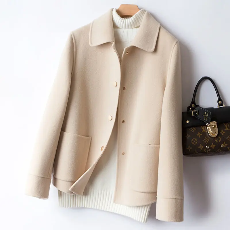 2024 Autumn Short Wool Coat Women Loose Korean Casual Long Sleeve Outwear Oversized Solid Casual Female Woolen Red Jacket