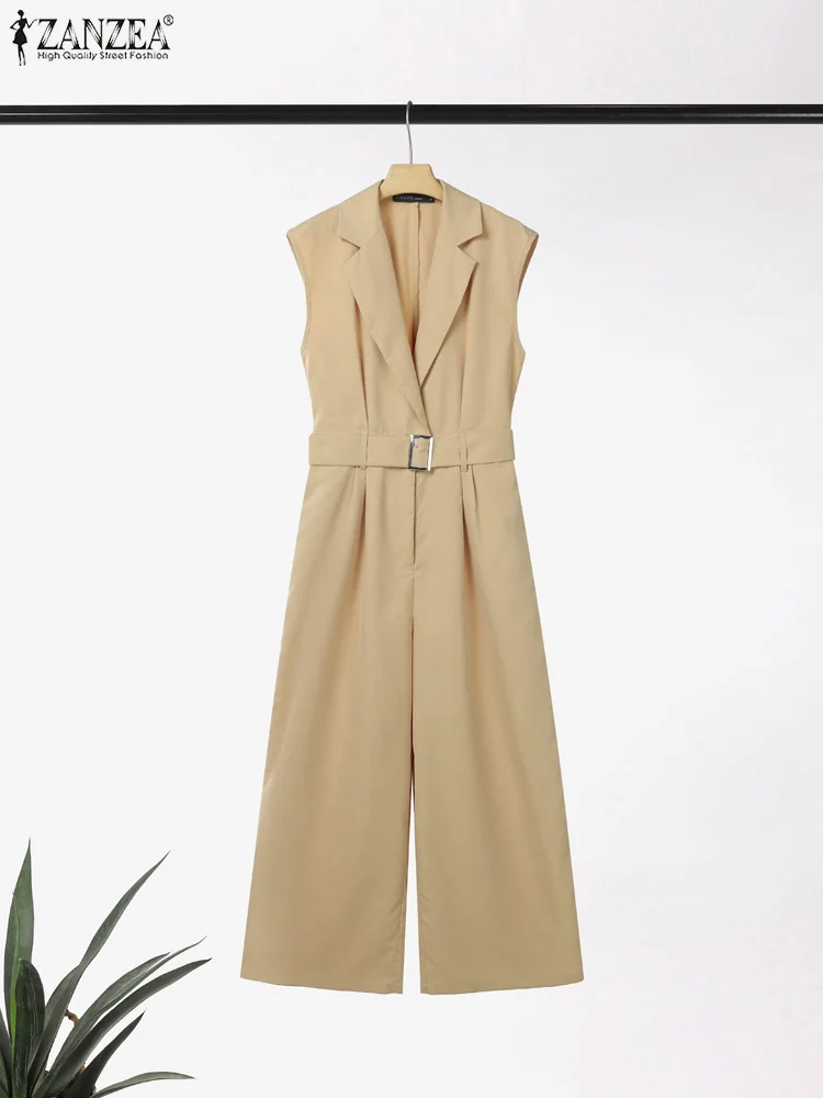 ZANZEA Women Summer Work OL Jumpsuits Fashion Overalls Pant Elegant Lapel Neck Sleeveless Rompers Solid Loose Wide Leg Trousers 4