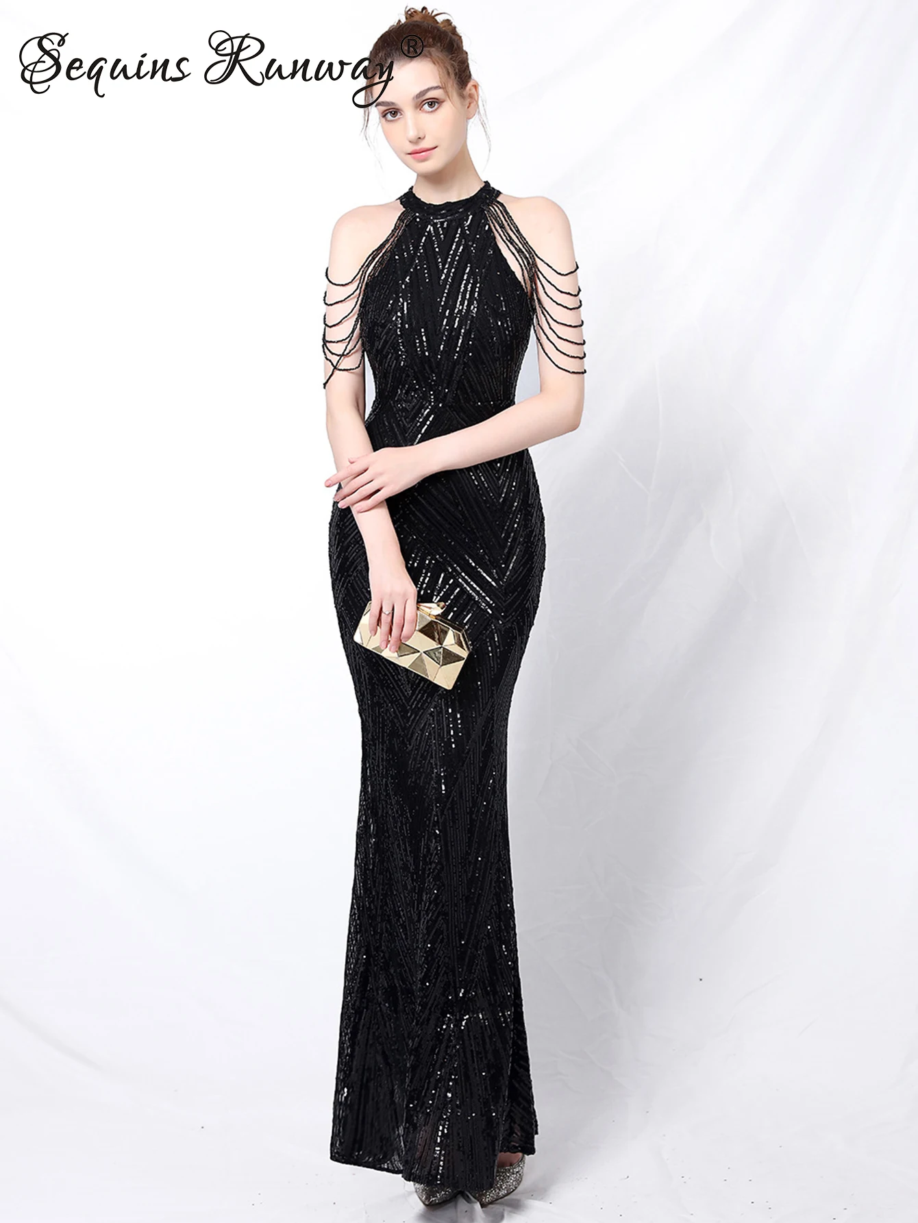 فستان سهرة ترتر أسود وأبيض