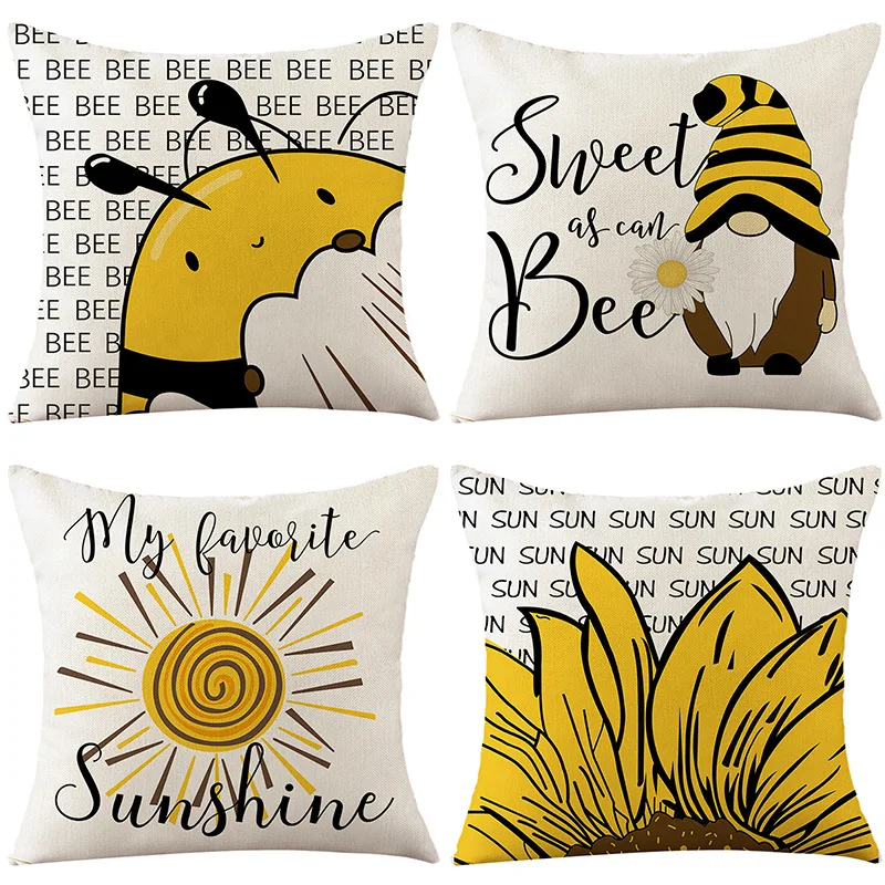 

Funny Bee Decorative Pillowcase Sunshine Sunflower Cotton Linen Throw Pillow Cover Sofa Bed Garden Chair Pillow Case 45x45cm