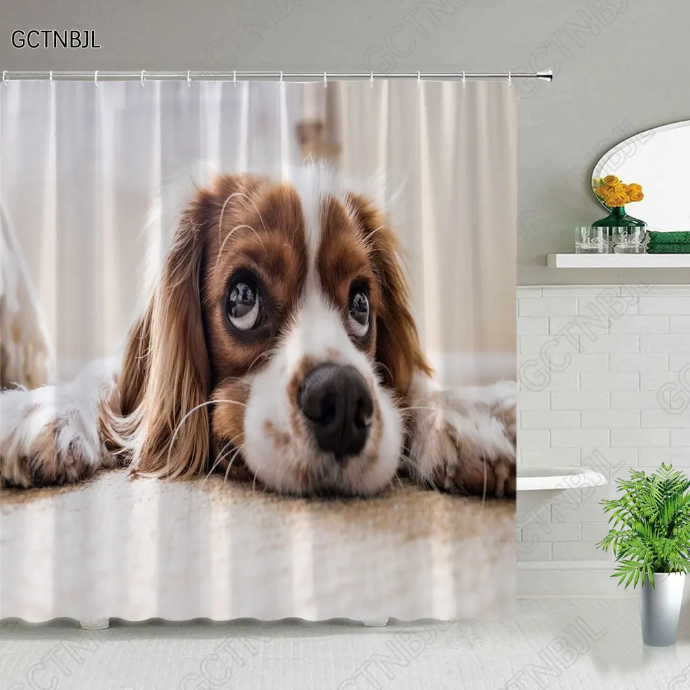 Animal Dog Shower Curtains 3D Printed Bathroom Decor Waterproof Polyester Cloth Children's Bath Curtain Washable With Hooks 2