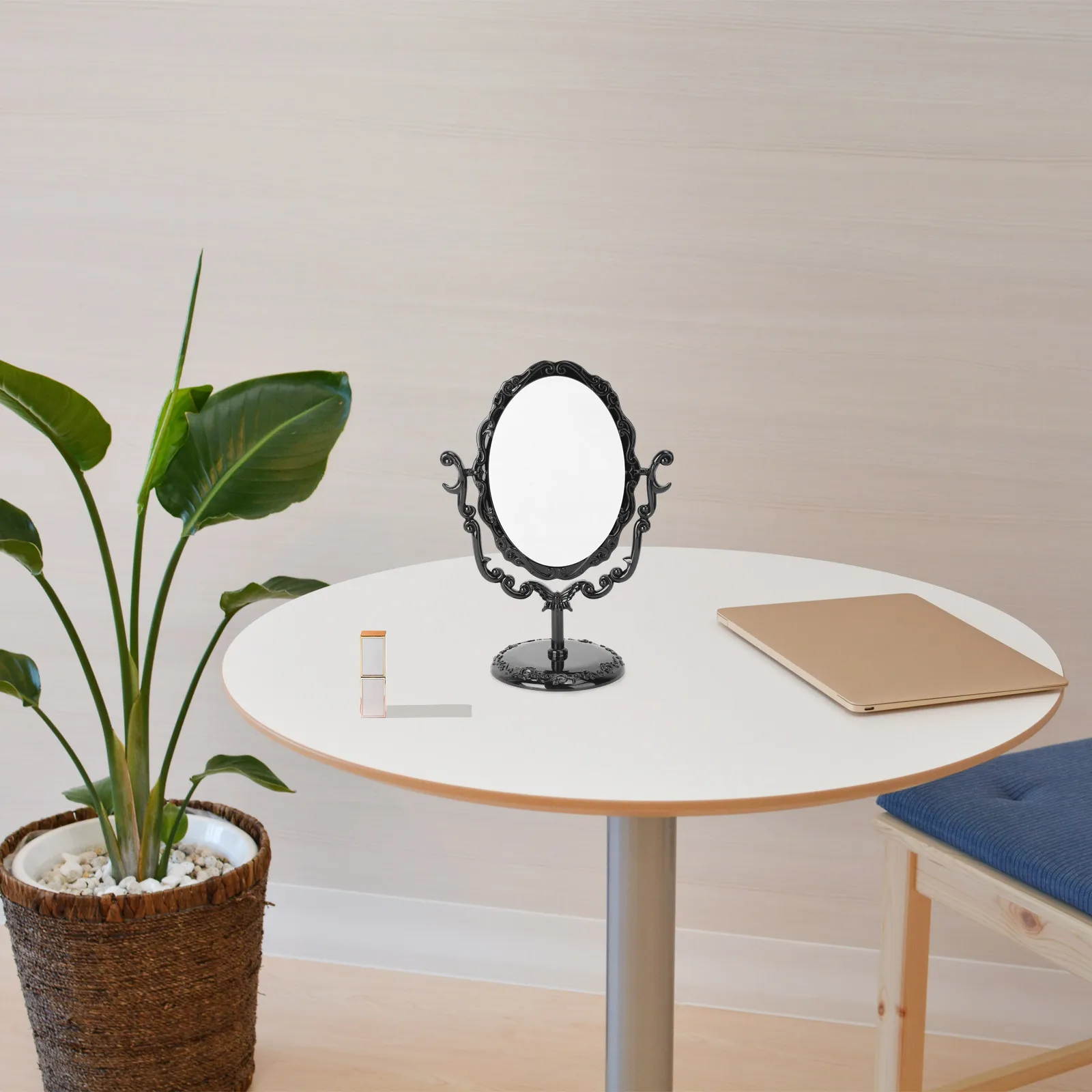 데스크탑 회전식 고딕 빈티지 메이크업 거울 블랙 프레임 로즈 패턴 미끄럼 방지 스탠드 우아한 액세서리 360도