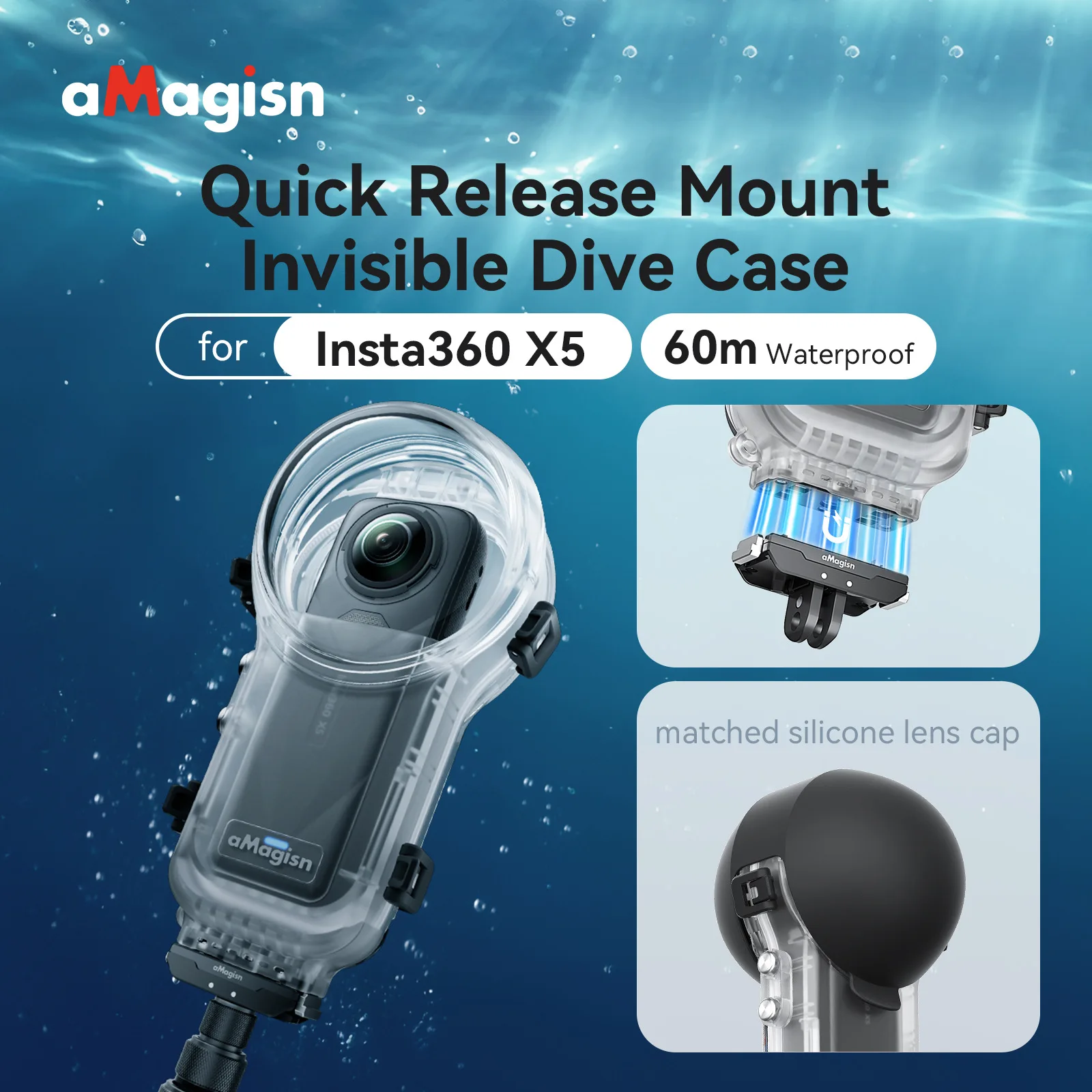 AMagisn Insta360 X5용 방수 케이스 - X5 액세서리용 60m 깊이의 투명 다이빙 하우징