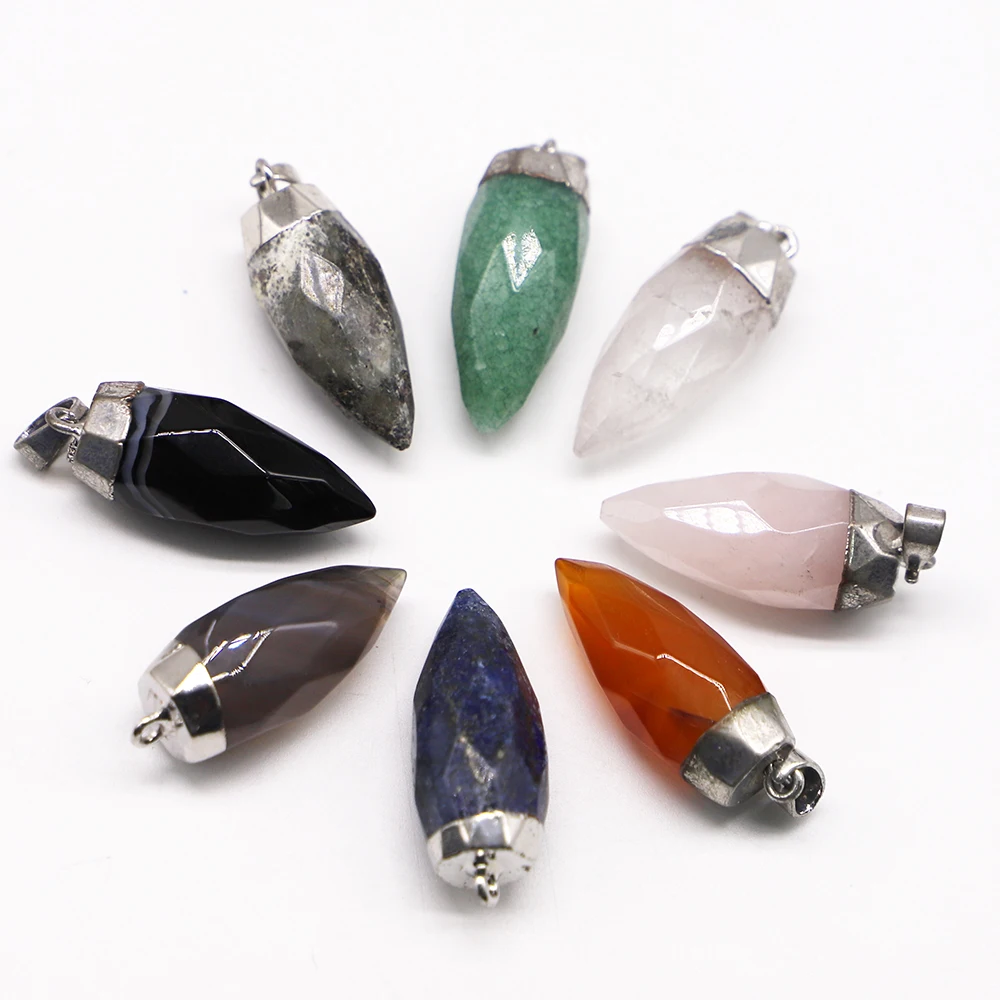 

Natural Stone Silver Cone Healing Pendulum Faceted Pendant Crystal Grey Agate Onyx Necklace Reiki Charms DIY Jewelry Making 8PCS