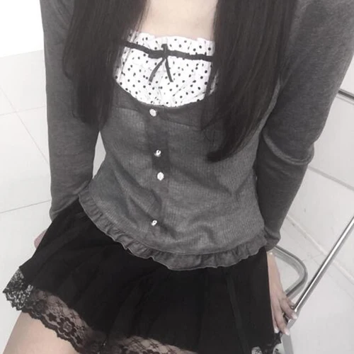 IAMHOTTY 리본 대비 패치워크 티셔츠, Y2K 미적인 버튼업 프릴, 캐주얼 베이직 크롭 상의, 귀여운 로리타 티 3