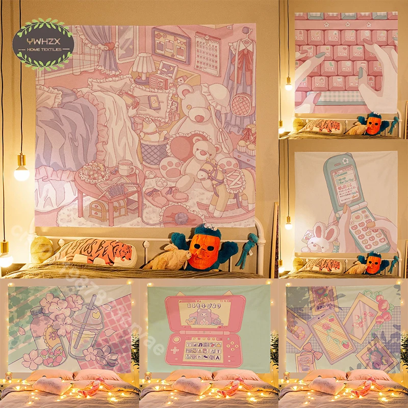 

Pink Anime Snack Tapestry Cute Wall Hanging Room Decor Aesthetic Dorm Home Student Dormitory Background Cloth Kawaii Tapestries