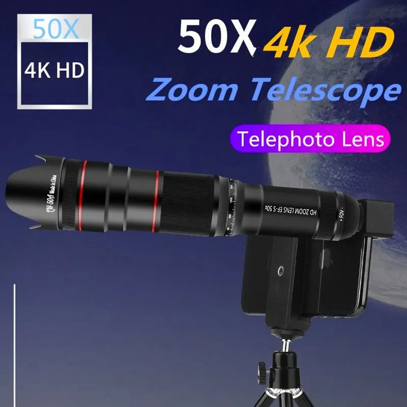 HD 50X 휴대폰 렌즈 카메라 망원 줌 단안 망원경 렌즈, 셀카 삼각대, 모든 스마트폰용, 조절 가능한 휴대폰 렌즈