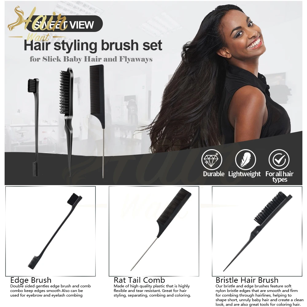 헤어 브러시 세트, 강모 헤어 브러시, 미용, 양면 가장자리 브러시, 쥐 꼬리 빗, 놀리는 빗, 3 개