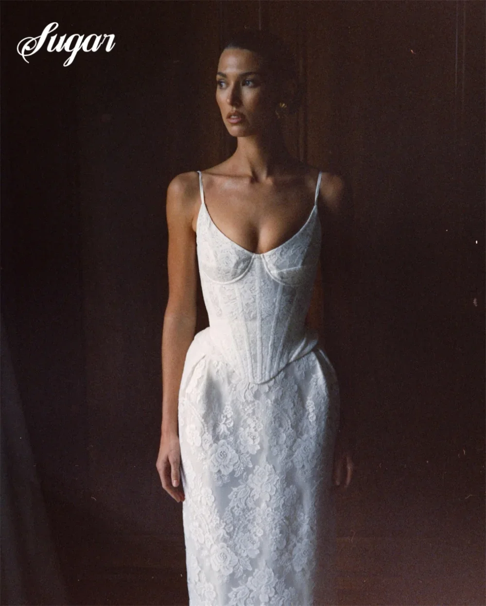 Customized White Lace Spaghetti Strap Wedding Dress Mermaid Lace Bridal Gown Elegant Mermaid Ankle-Length Wedding Gown 2026
