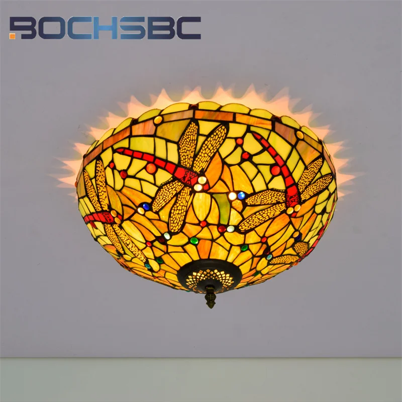 

BOCHSBC Tiffany Dragonfly stained glass 16inch ceiling light deco the dining room bedroom hallway bathroom green overhead light