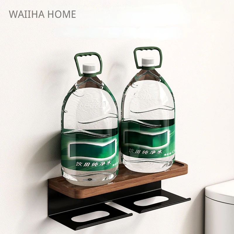 Toilet Paper Holder with Black Walnut Shelf For Bathroom Wall Mounted Double Roll Black Phone Rack
