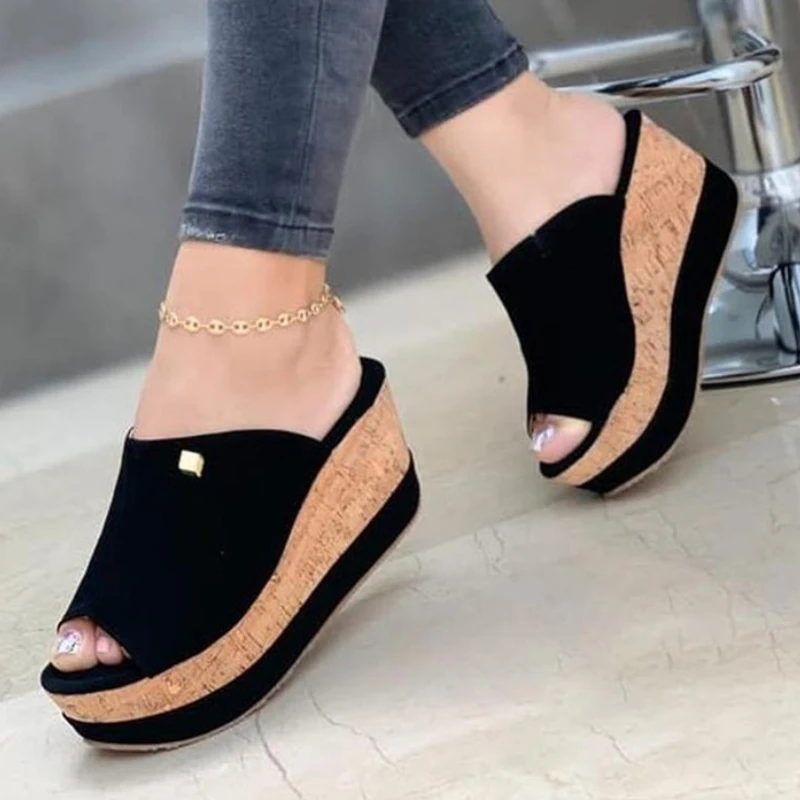 2023Slippers Summer Wedges Retro Fish Mouth Large Size Sandals Women High Heel Platform Solid Color Plus Size Shoes Sandalias