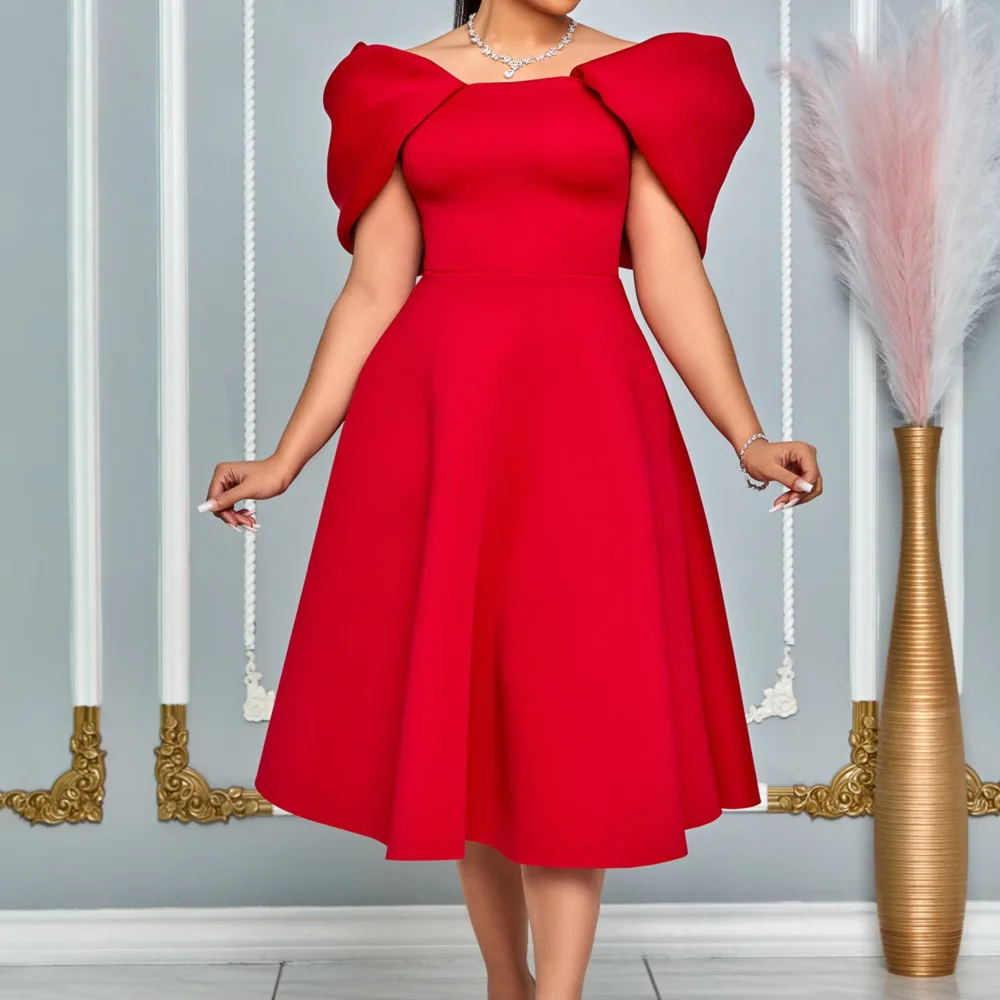 

New Women's One-shoulder Party Dress Women's New Fashion A-line Long Solid Color Short Sleeve Elegant And Sexy Banquet Dress