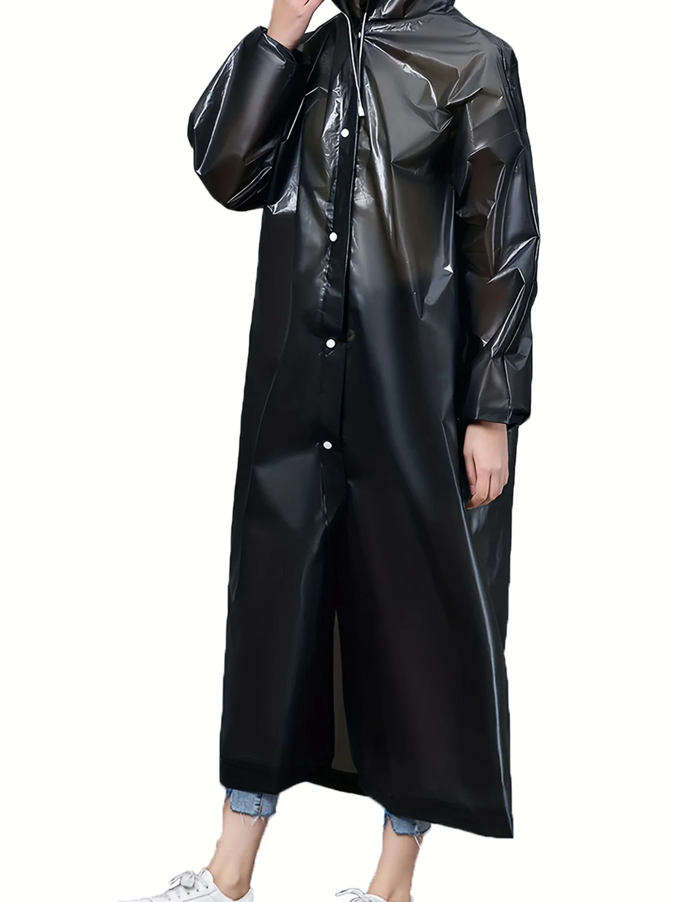 1pc-Waterproof raincoat, black, camping, outdoor lightweight one-piece plus long, hooded, hiking, outdoor travel