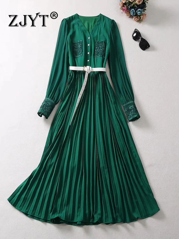 

ZJYT Elegant Autumn Long Sleeve Maxi Dresses for Women 2023 Green Pleated Vestido Para Mujer Lace Patchwork Holiday Party Robe