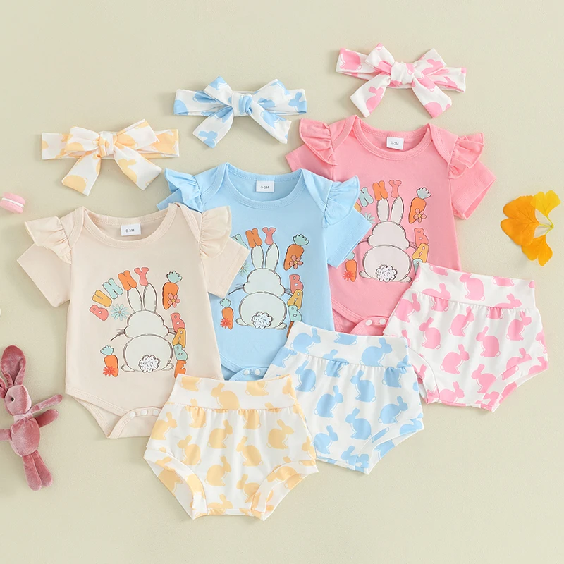 

2023-12-21 Lioraitiin Newborn Baby Girls Easter Outfit Short Sleeve Letter Print Romper Top Bunny Print Shorts Headband Set Suit