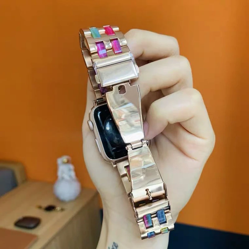 Luxury Resin strap for Apple Watch Band 40mm 44mm 42mm for iWatch 8 7 45mm41mm iwatch 6 5 4 3 SE Bracelet Stainless Steel Strap
