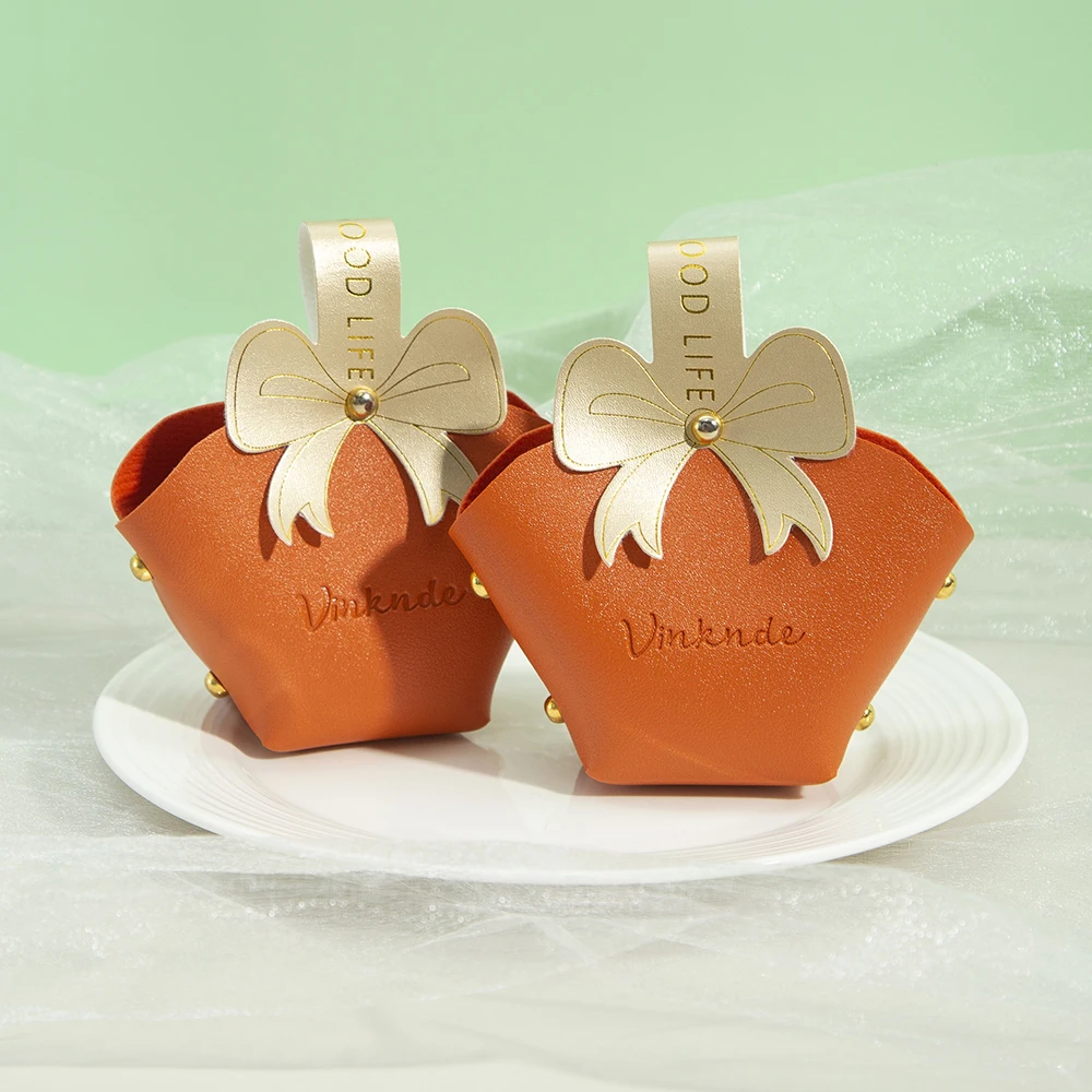 Orange PU Leather Candy Bag Jewelry Handbag With Gold Bowknot Halloween Chocolate Packaging Basket Portable Travel Storage Pouch