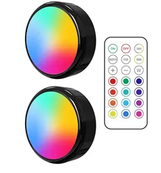 Wireless RGB LED Dimmable Puck Lights with Remote Control - Battery Operated for Under Cabinet, Kitchen, and Closet Use