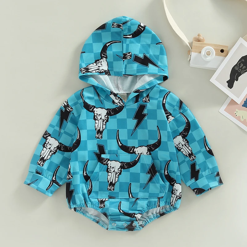 Fashion Autumn Newborn Baby Boys Rompers 0-24M Cattle Cactus Print Long Sleeve Pocket Hooded Sweatshirts Jumpsuits C