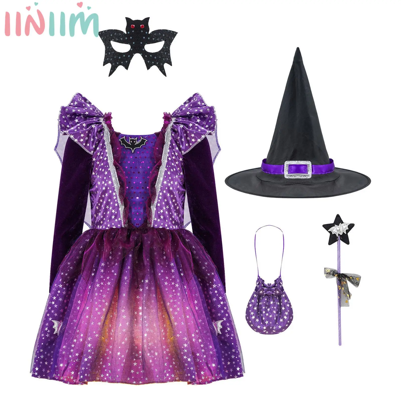 

Kids Girl Halloween Witch Costume Carnival Party Outfit Stars Print Dress and Pointed Hat Wand Candy Bag Princess Magic Dress-up
