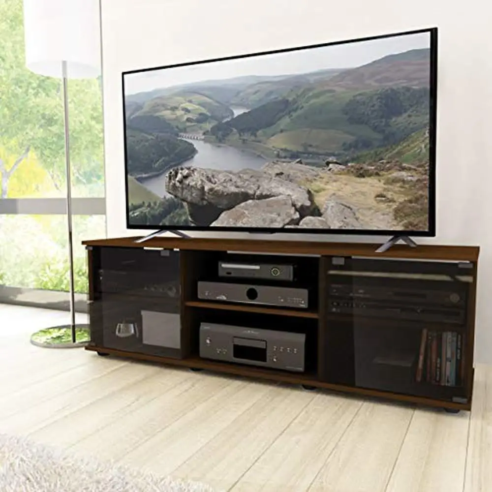 

Brown TV Stand Glass Doors Adjustable Shelf Audio Video Urban Maple Finish Storage 64-inch Modern Urban Maple Shelf