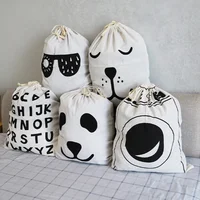 Cotton Laundry Bag Toy Canvas Storage Bag Animal Stripe Pattern Cute Closet Basket Drawstring Dirty Clothes Organizer Bag 2