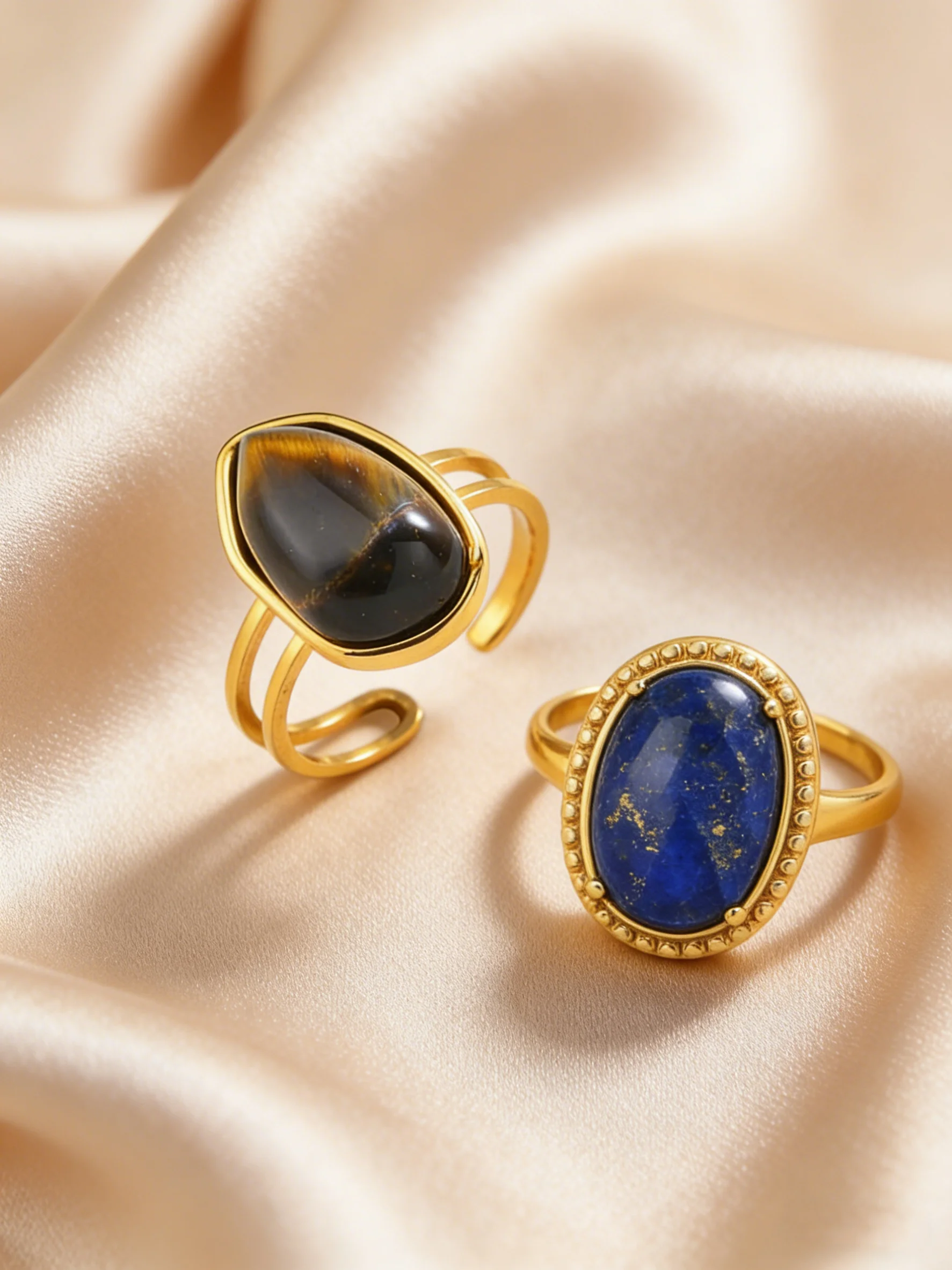 Luxuriöse Vintage Blaue Naturstein-Ringe für Frauen Edelstahl 18K Vergoldeter Tigeraugen-Stein Offener Ring Schmuck Geschenke