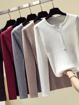 المرأة زر الخامس الرقبة سترة ، ضئيلة البلوز ، محبوك البلوفرات ، البلوز عادية ، السيدات بلايز ، الأساسية ، أحادية اللون ، الخريف ، الشتاء 3