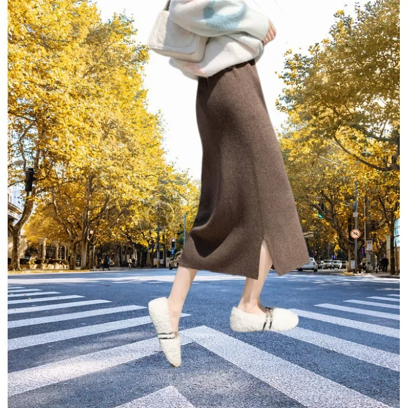 Maternity High Waist Knitted Mini Skirt Autumn Winter Straight Tube Sweater Skirt Mid Length Slit Wrap around