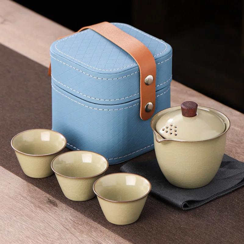 Ru Kiln Travel Tea Set Kuaike Cup Outdoor Portable Kung Fu Tea Set Business Souvenir Gift Ceramic Teaware Sets
