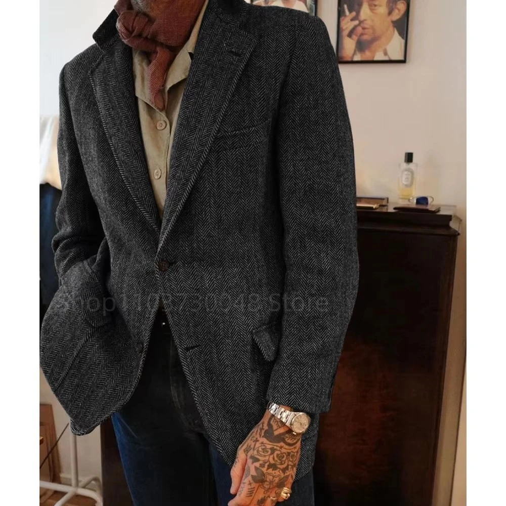 Men's Herringbone Blazer Single Breasted Casual Elegant Suit Jacket Coat Stage Clothing Male Fashion Woolen Men Suits Blazer