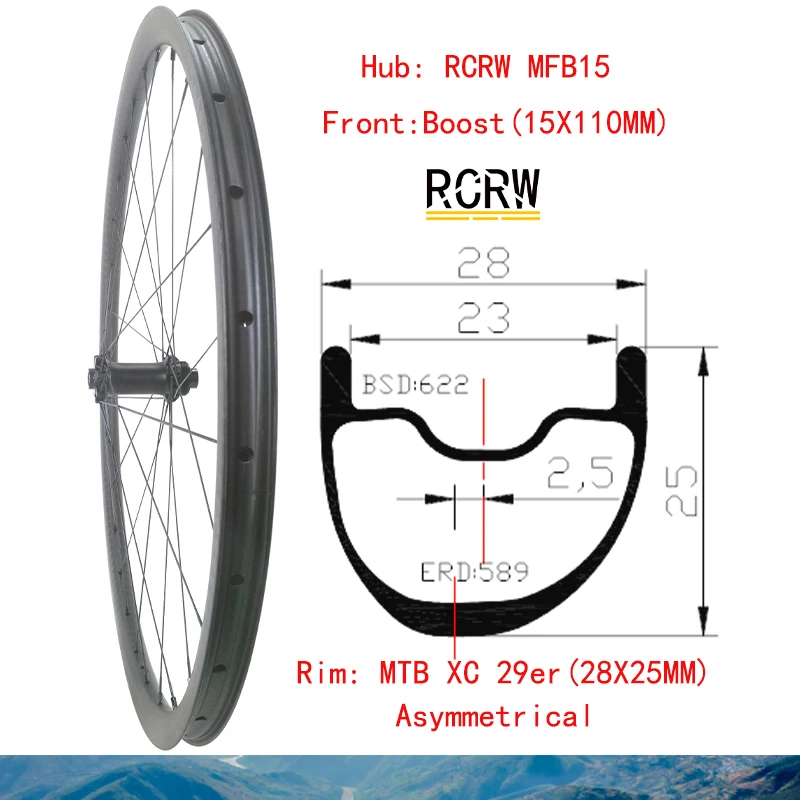 

29er MTB XC 28X25mm Front Carbon Wheel Asymmetrical Rim 28Hole Wide 28 Deep 25 RCRW Boost 15X110mm Hub Straight pull Spoke