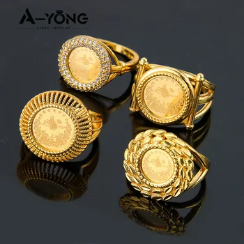 Turkish Coin Gold Rings 21k Gold Plated 5A Zircon Saudi Muslim Cocktail Ring Dubai Women Engagement Wedding Party Jewelry ﻿