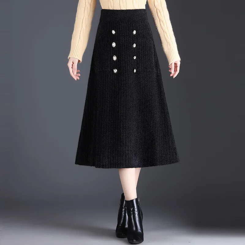 

#1706 Black Mohair Knitted Skirt Women Buttons Elastic High Waist Knitting Midi Skirt Elegant Office A-line Skirt Female Buttons