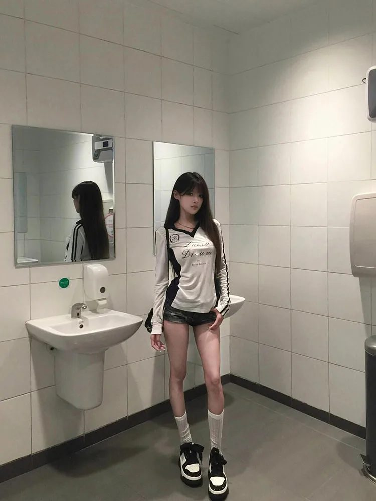 American Sle Women's Long Sve V-Ne Striped T-irt Slim Fit Waist Cinched Spor Top for Summer Commute Faion