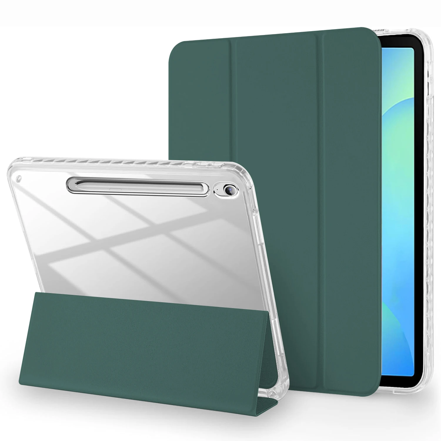 Clear Crystal Tablet Case with Pen Slot - PU Leather Flip Magnetic Stand Cover
