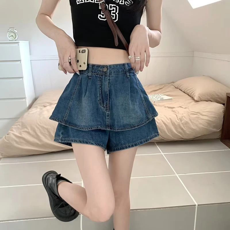 

Gidyq Women Ruffled Denim Shorts Summer Vintage Casual Female Loose Mini Hakama Korean All Match High Waist Y2K Shorts