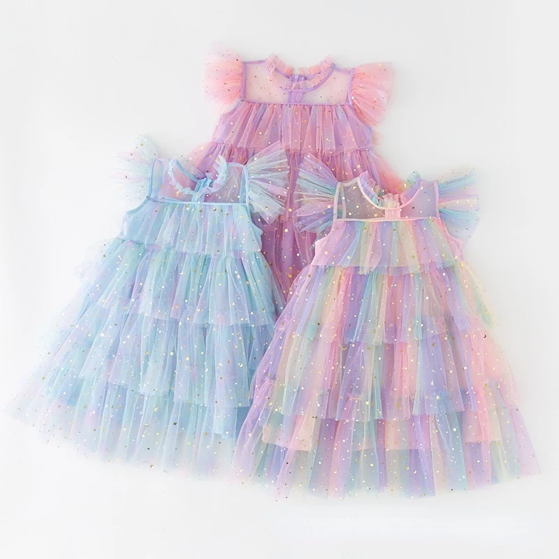 Girls Dress Tulle Fairy Princess Dresses Fly Sleeve Rainbow Star Sequined Cake Dress Children Birthday Party