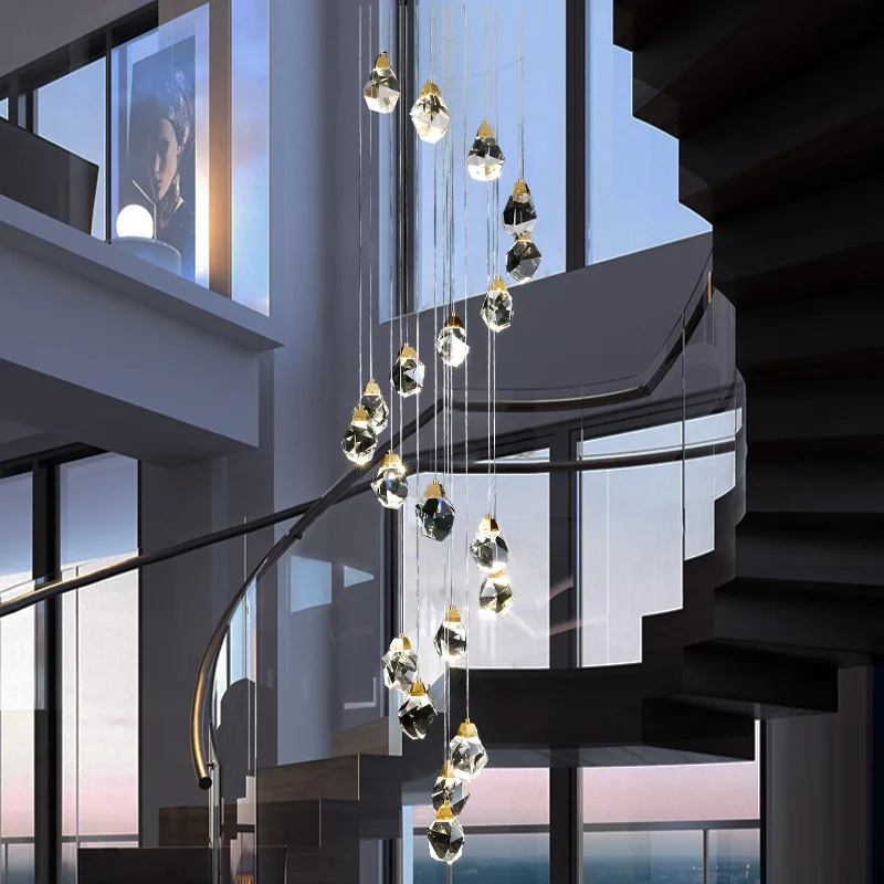

Villa Stair LED Pendant Light Hanging Duplex Loft Modern Lamp Staircase Living Room Crystal Chandelier Dining Bar Kitchen