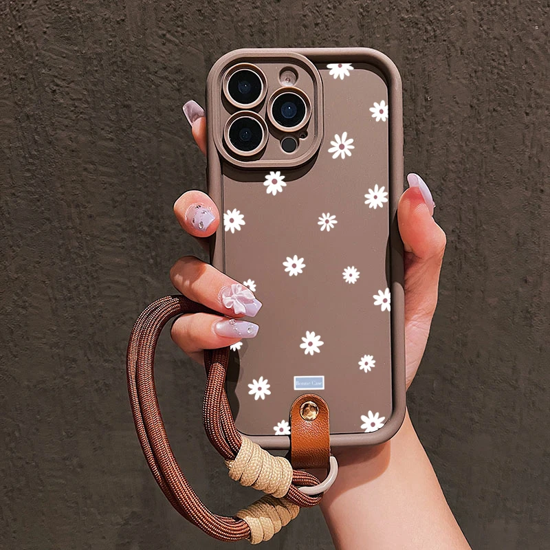 Niedlicher Stil Gänseblümchen Kleine Blume Lanyard Strap Seil Handyhülle für iPhone 17 16 15 14 13 12 11 Pro Max Plus 16E XS X XR Soft Cover