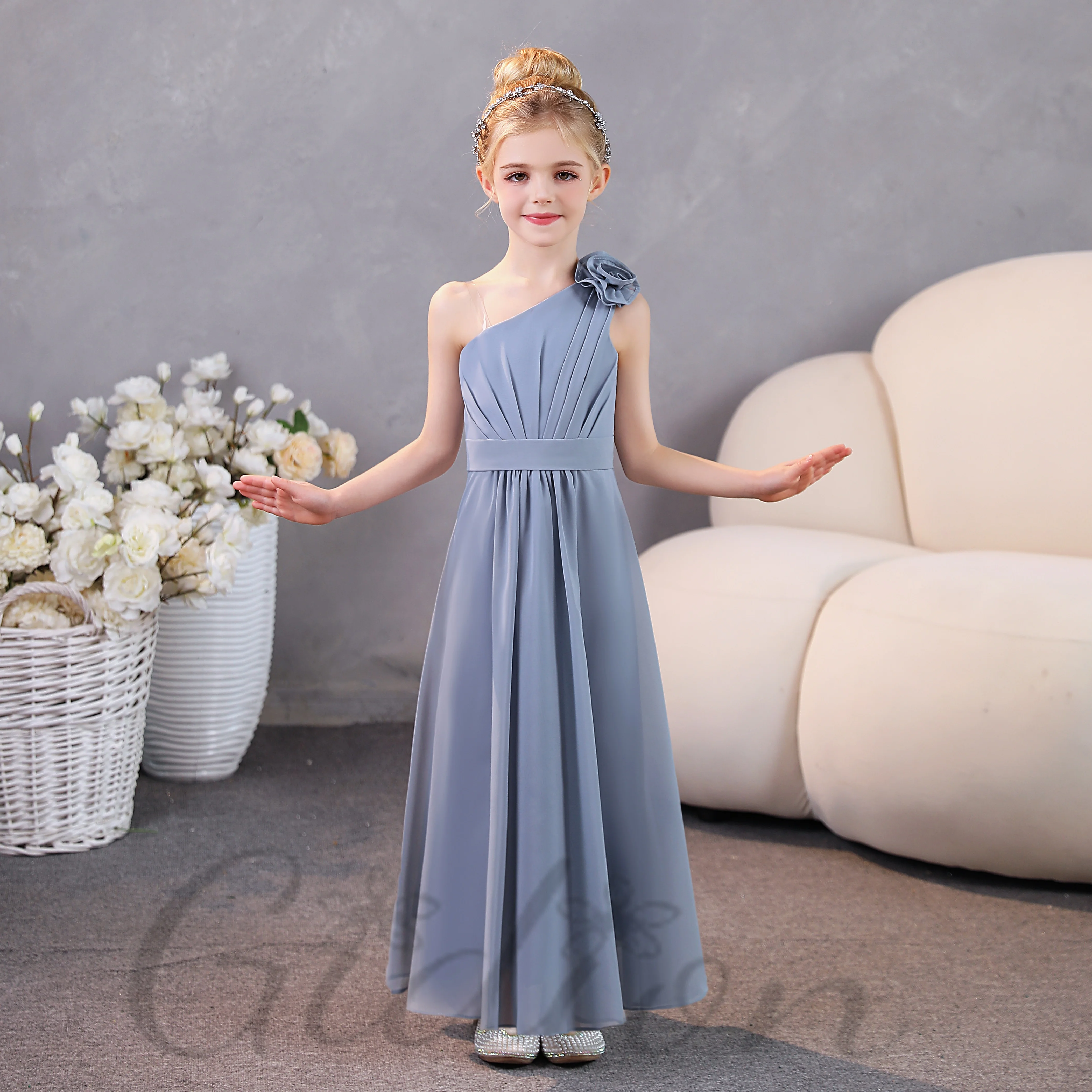 

Kids One-Shoulder Chiffon Junior Bridesmaid Dress Wedding Ceremony Pageant Ball Evening-Gow Show Banquet Birthday Party Event