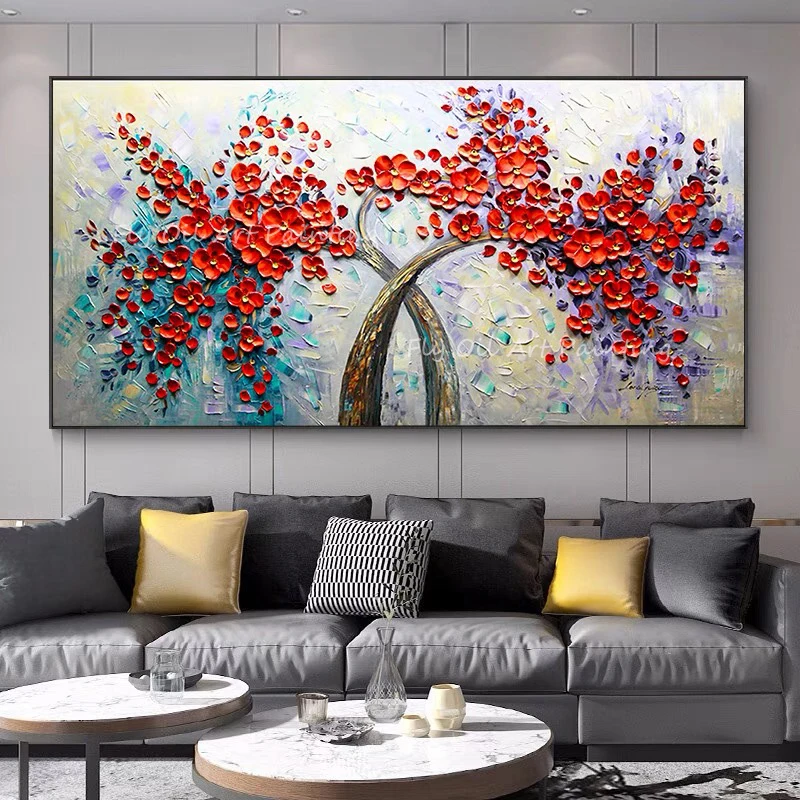 

Red Flower Knifel Handmade Abstract Oil Painting On Canvas Wall Poster Hanging Picture Image For Living Room Bedroom Unframed