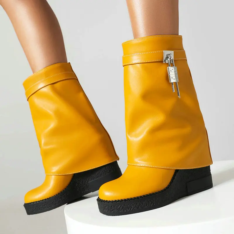 

Luxury Brand Yellow Black Straight Tube Women Warm Winter Shoes Platform Wedges High Heels Mid-calf Goth Boots With Metal Lock