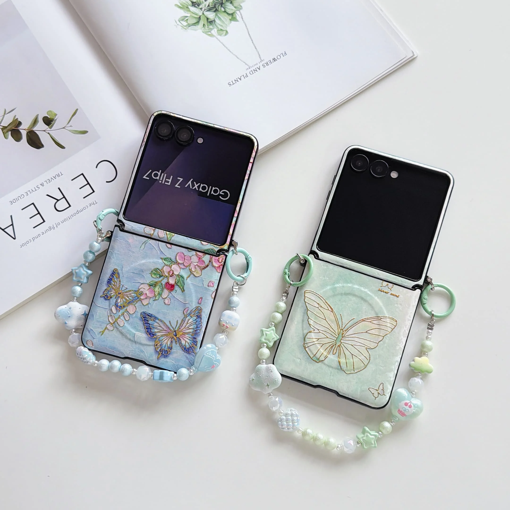 Magnetic Butterfly Pattern Shockproof Case with Flower Pendant Strap and Hinge Protection
